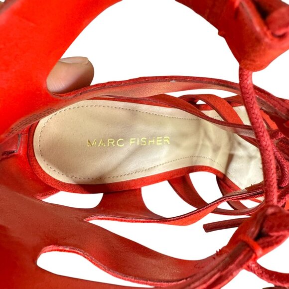 Marc Fisher Red Leather "Paradox" Lace-Up Caged Heeled Sandals, 3" Heel, Size 8M - Picture 7 of 10